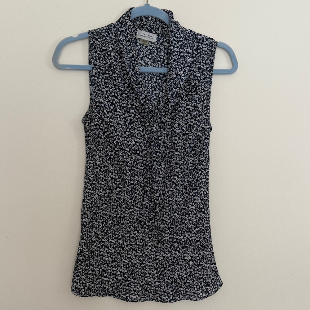 Tahari Navy and White Floral Blouse